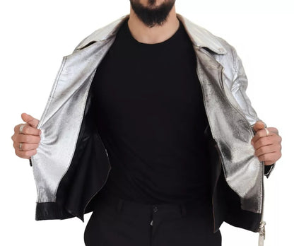 Dolce &amp; Gabbana Manteau de motard en cuir argenté Veste en cuir d'agneau