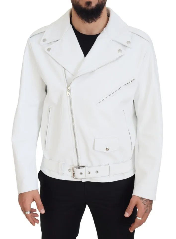 Dolce &amp; Gabbana Manteau de motard en cuir blanc Veste zippée