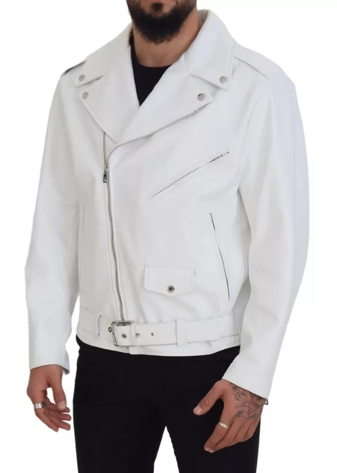 Dolce &amp; Gabbana Manteau de motard en cuir blanc Veste zippée