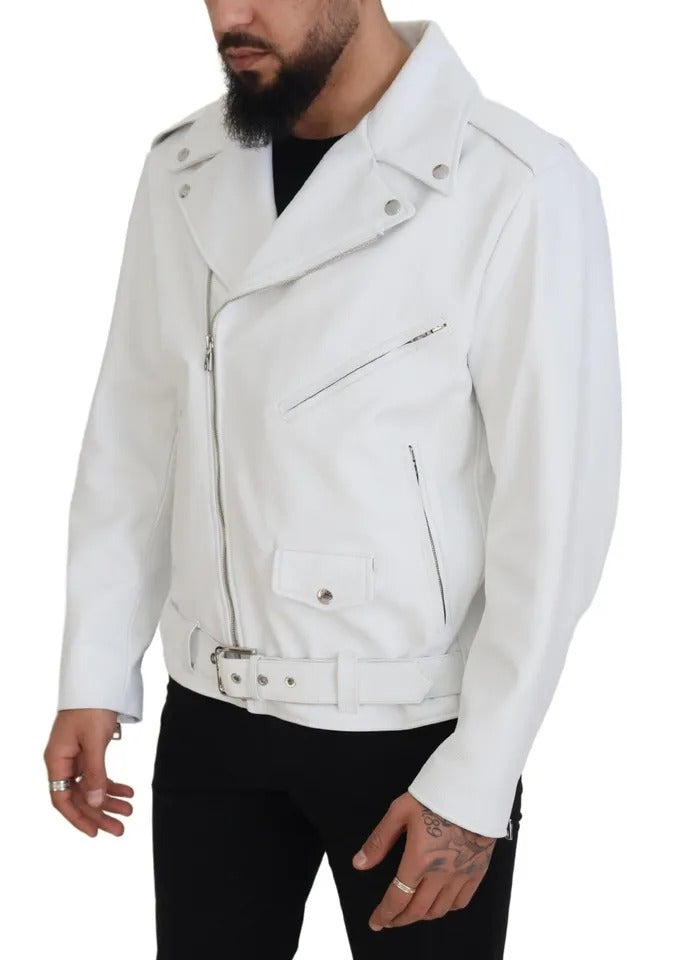 Dolce &amp; Gabbana Manteau de motard en cuir blanc Veste zippée