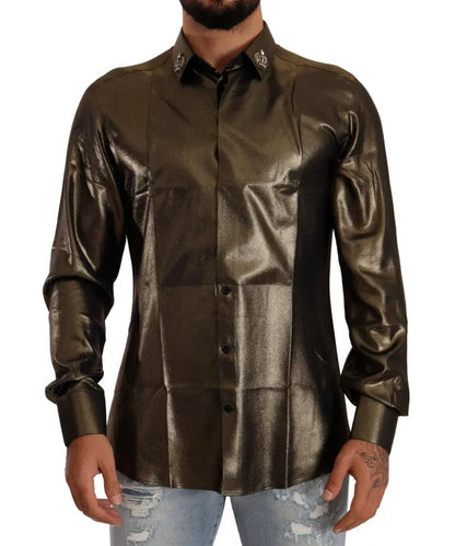Dolce & Gabbana Metallic Gold DG Embroidered Crown Silk Top Shirt by Dolce & Gabbana