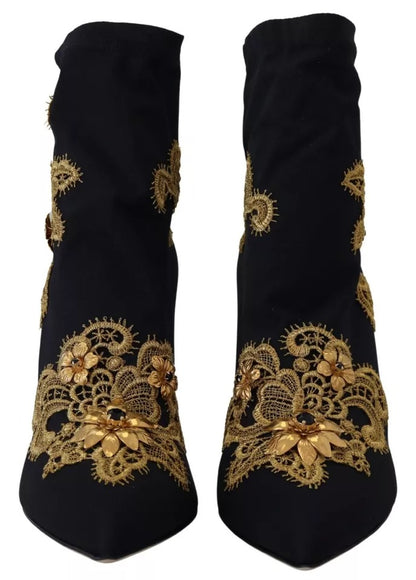 Bottines à enfiler Dolce &amp; Gabbana noires et dorées brodées