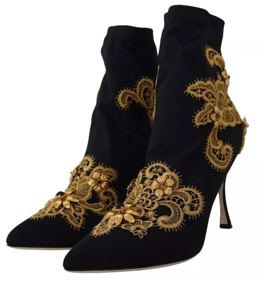 Bottines à enfiler Dolce &amp; Gabbana noires et dorées brodées