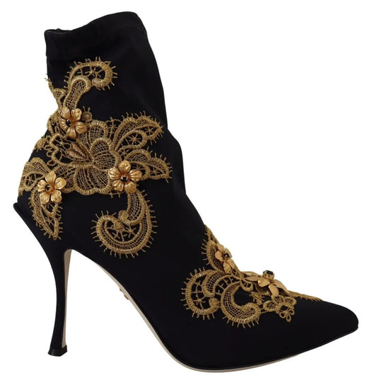 Bottines à enfiler Dolce &amp; Gabbana noires et dorées brodées