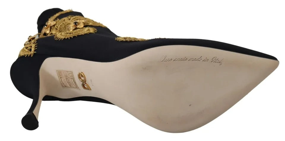 Bottines à enfiler Dolce &amp; Gabbana noires et dorées brodées