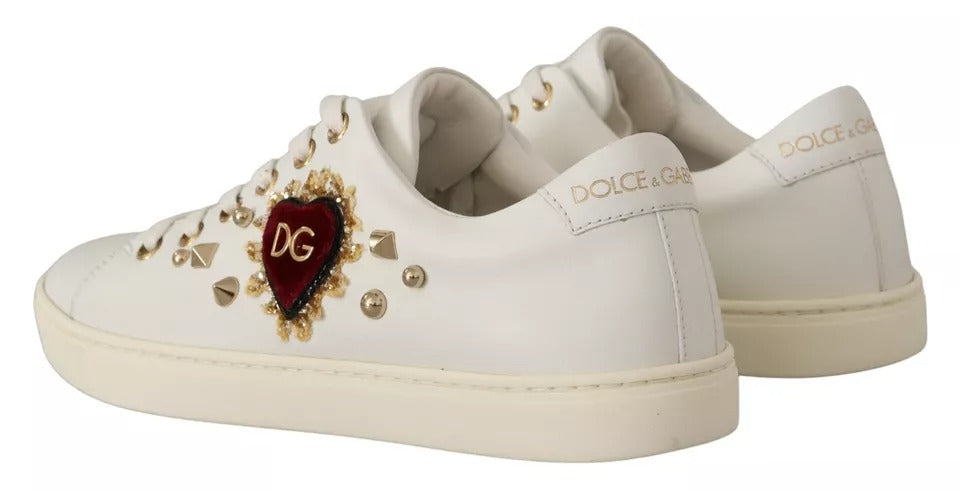 Dolce & Gabbana White Leather Gold Red Heart Sneakers Shoes by Dolce & Gabbana