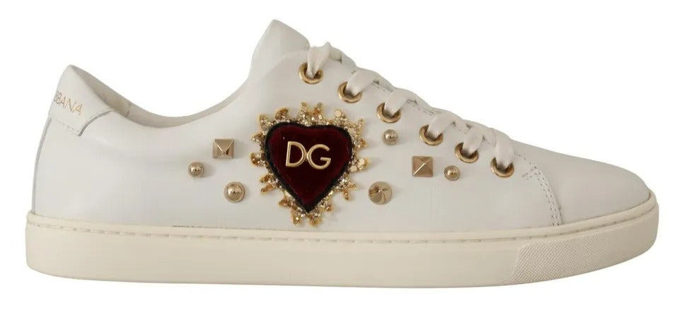 Dolce & Gabbana White Leather Gold Red Heart Sneakers Shoes by Dolce & Gabbana