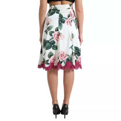 Jupe mi-longue trapèze taille haute à imprimé roses blanches Dolce &amp; Gabbana