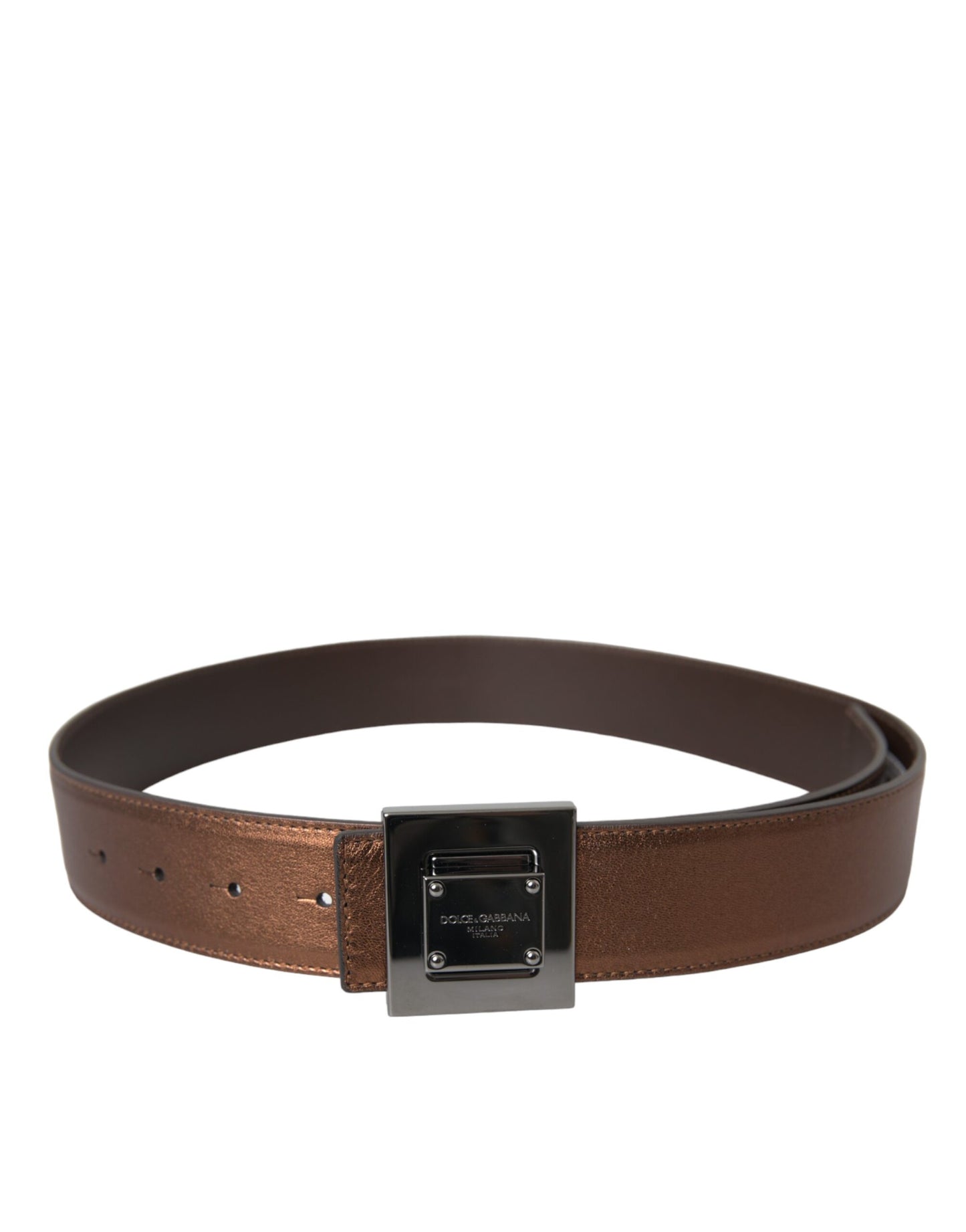 Dolce &amp; Gabbana Metallic Bronze Leather Square Metal Buckle Belt