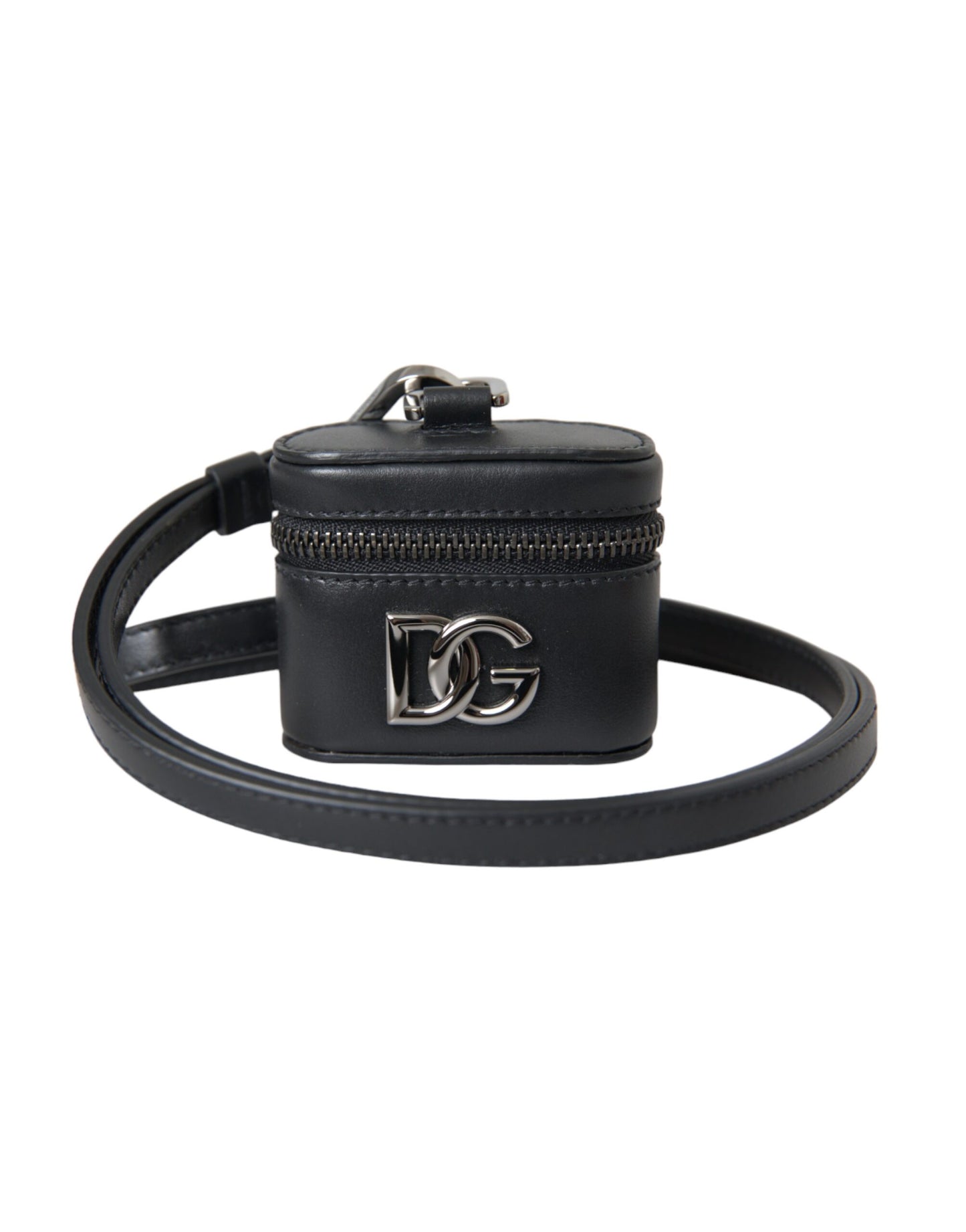 Étui pour Airpods Dolce &amp; Gabbana en cuir noir avec logo DG et métal argenté