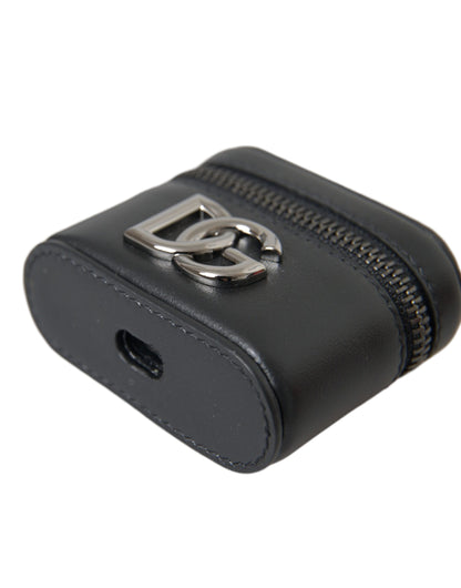 Étui pour Airpods Dolce &amp; Gabbana en cuir noir avec logo DG et métal argenté