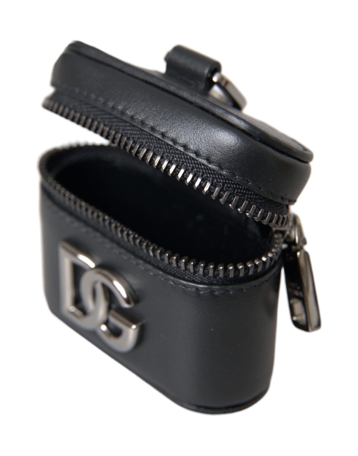 Étui pour Airpods Dolce &amp; Gabbana en cuir noir avec logo DG et métal argenté