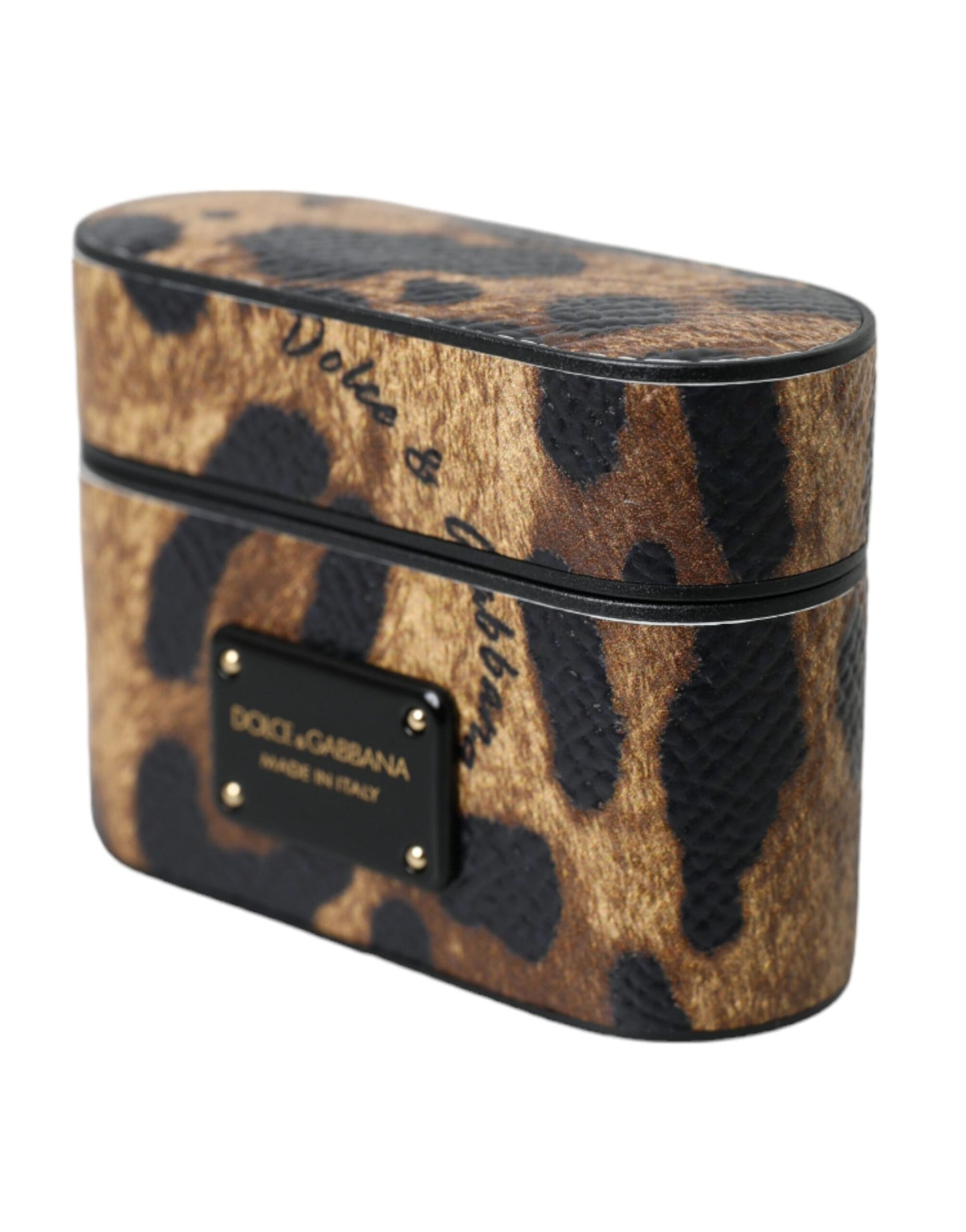 Dolce &amp; Gabbana Brown Leopard Calf Leather Metal Logo Plaque Airpods Case