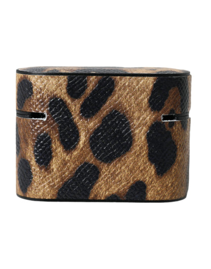 Dolce &amp; Gabbana Brown Leopard Calf Leather Metal Logo Plaque Airpods Case