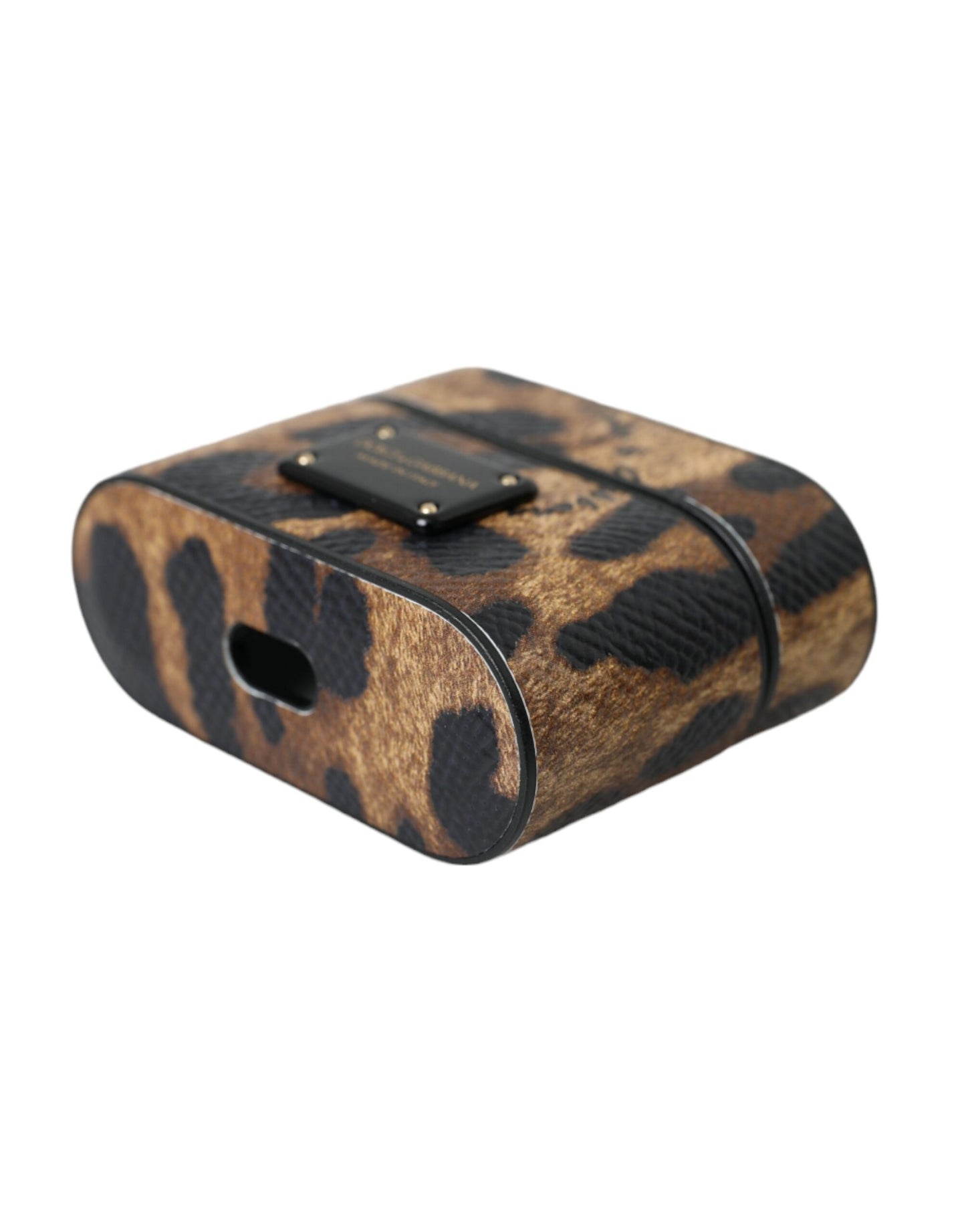 Dolce &amp; Gabbana Brown Leopard Calf Leather Metal Logo Plaque Airpods Case