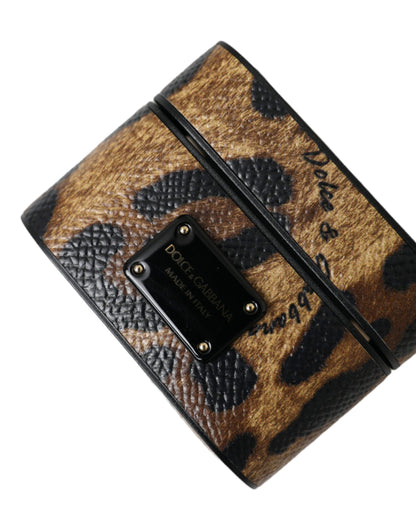 Dolce &amp; Gabbana Brown Leopard Calf Leather Metal Logo Plaque Airpods Case