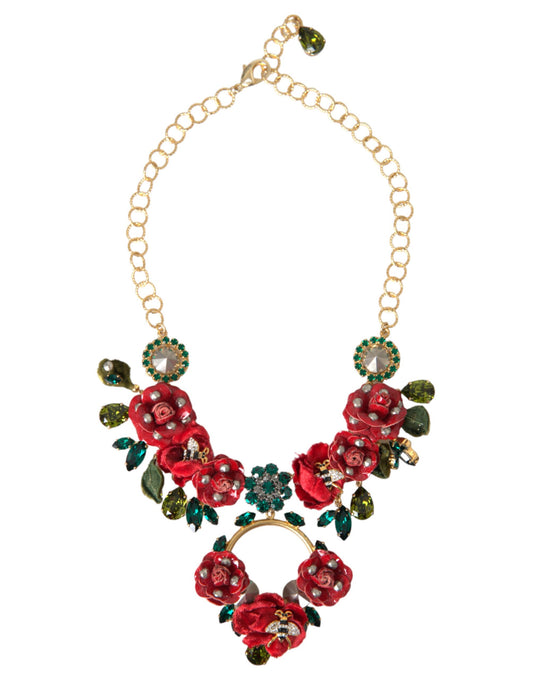 Collier Dolce &amp; Gabbana avec pendentif en cristal et chaîne à maillons en laiton doré et pétales de rose