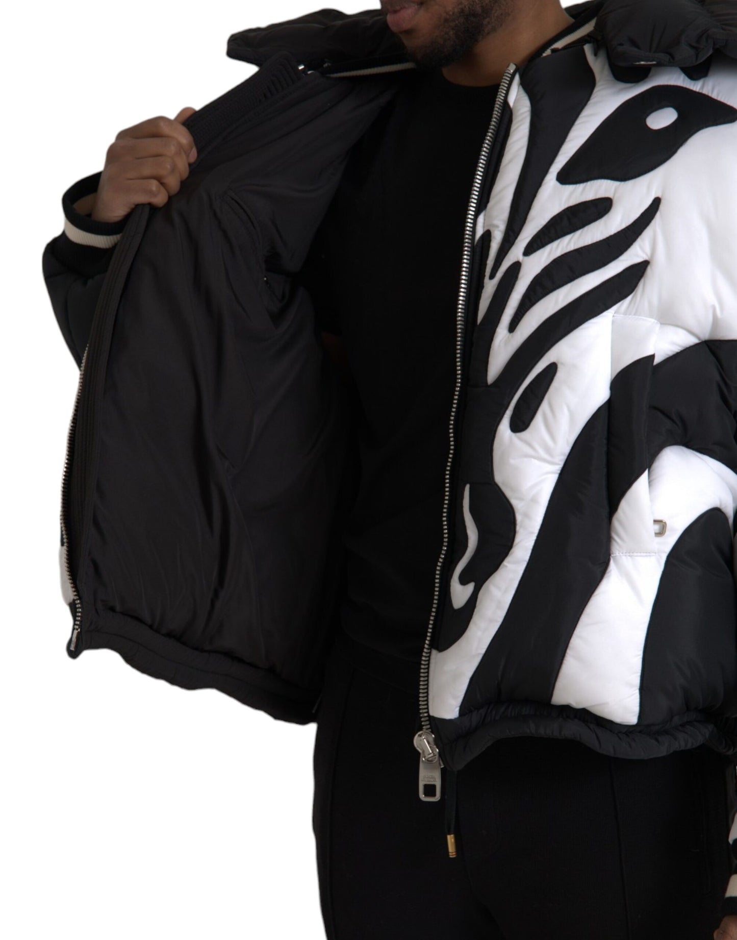 Dolce &amp; Gabbana Black White Stripes Hooded Puffer Jacket