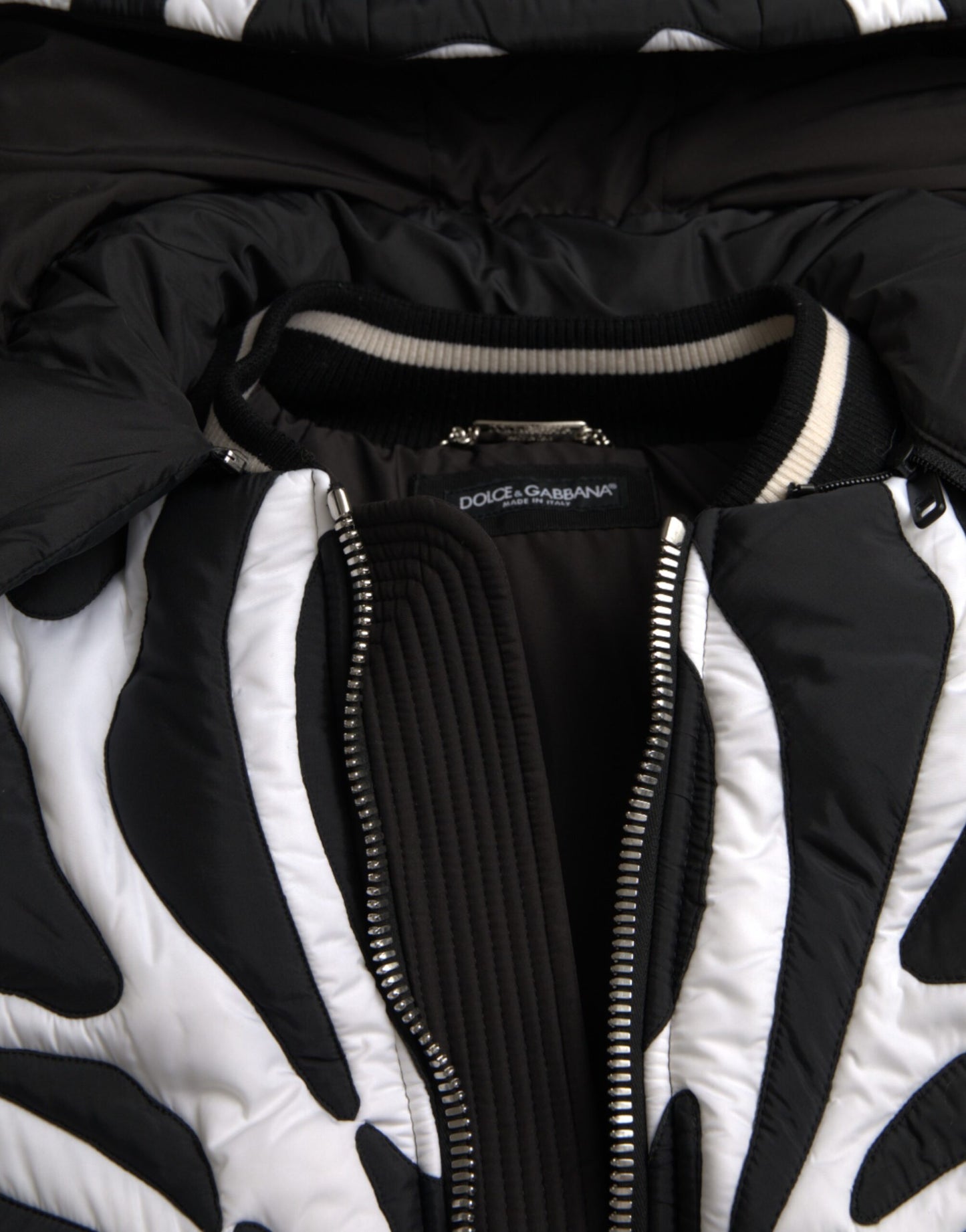 Dolce &amp; Gabbana Black White Stripes Hooded Puffer Jacket