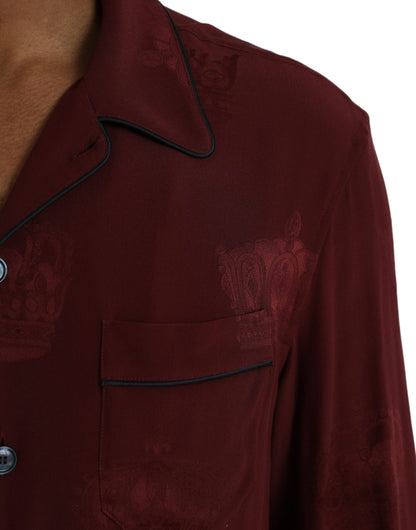 Dolce & Gabbana Maroon Crown Jacquard Silk Long Sleeve Shirt by Dolce & Gabbana