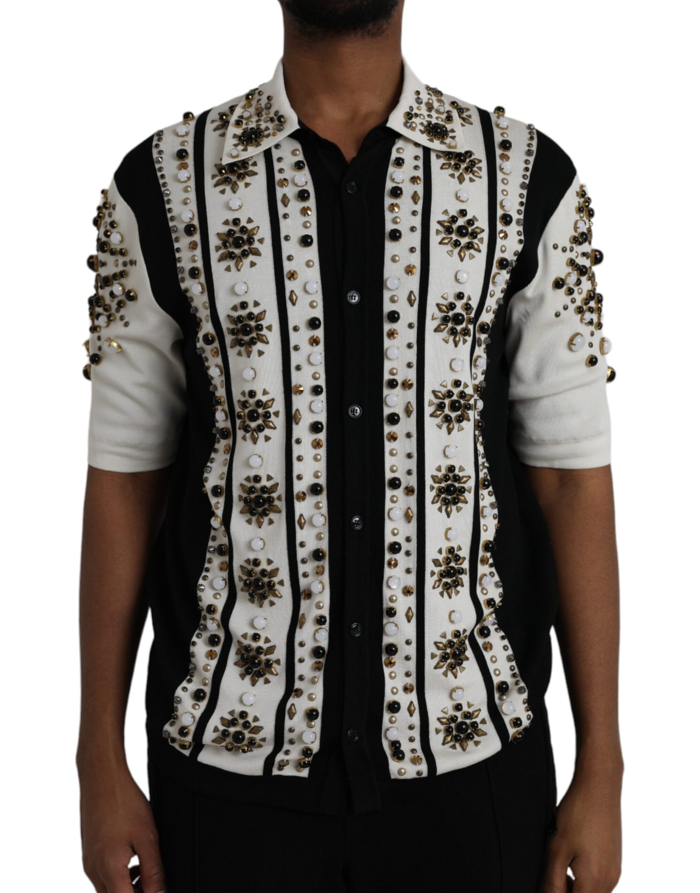 Dolce & Gabbana White Black Silk Studded Stone Crystal Shirt by Dolce & Gabbana