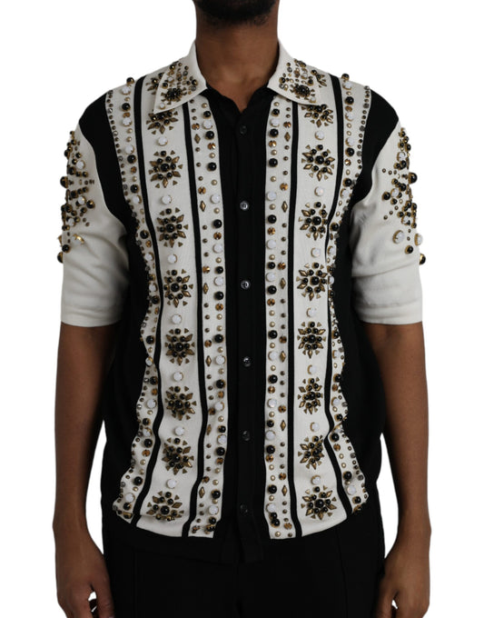 Dolce & Gabbana White Black Silk Studded Stone Crystal Shirt by Dolce & Gabbana