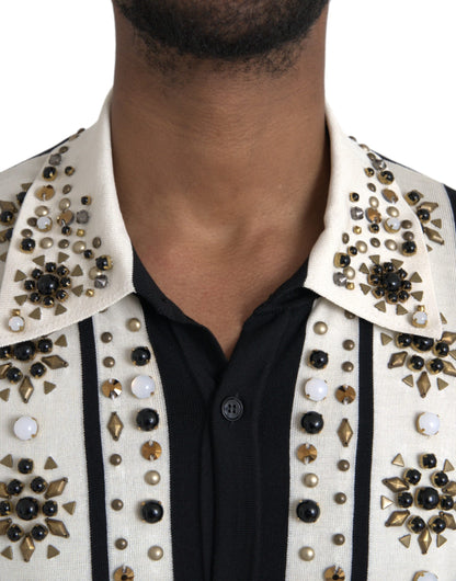 Dolce & Gabbana White Black Silk Studded Stone Crystal Shirt by Dolce & Gabbana