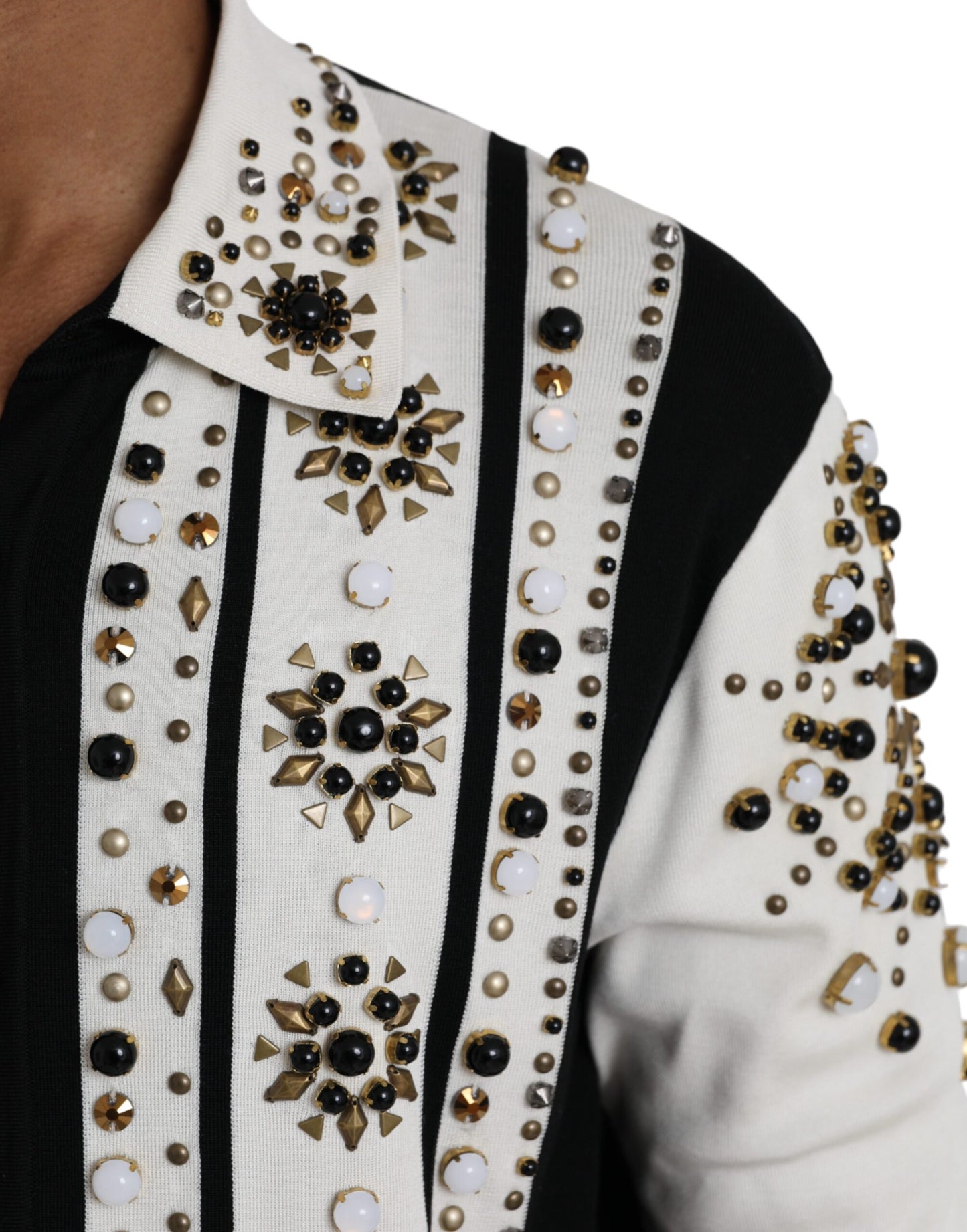 Dolce & Gabbana White Black Silk Studded Stone Crystal Shirt by Dolce & Gabbana