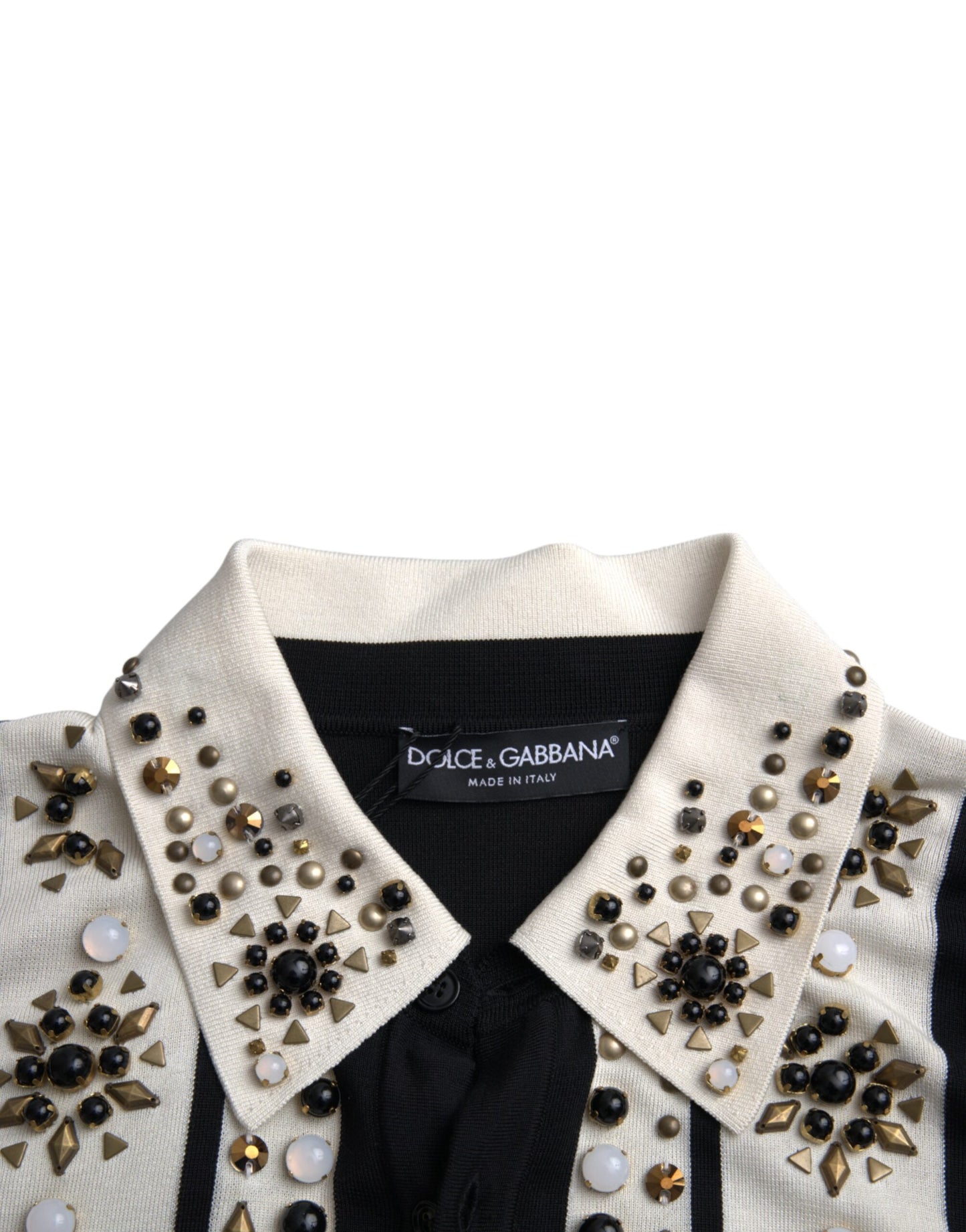 Dolce & Gabbana White Black Silk Studded Stone Crystal Shirt by Dolce & Gabbana