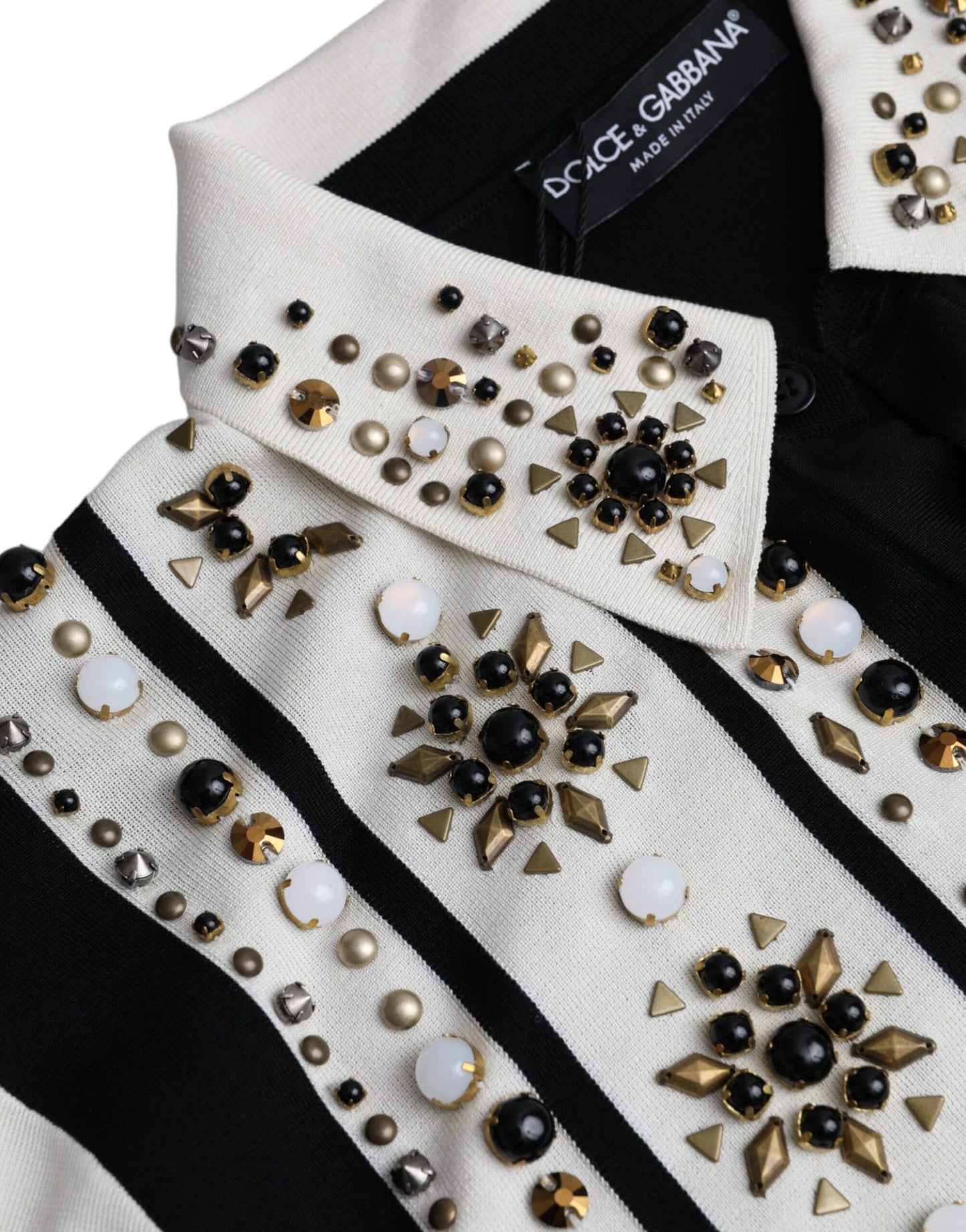 Dolce & Gabbana White Black Silk Studded Stone Crystal Shirt by Dolce & Gabbana