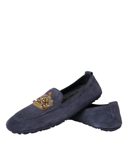 Mocassins Dolce &amp; Gabbana en cuir bleu et daim avec couronne en cristal