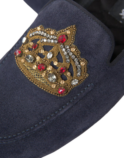 Mocassins Dolce &amp; Gabbana en cuir bleu et daim avec couronne en cristal