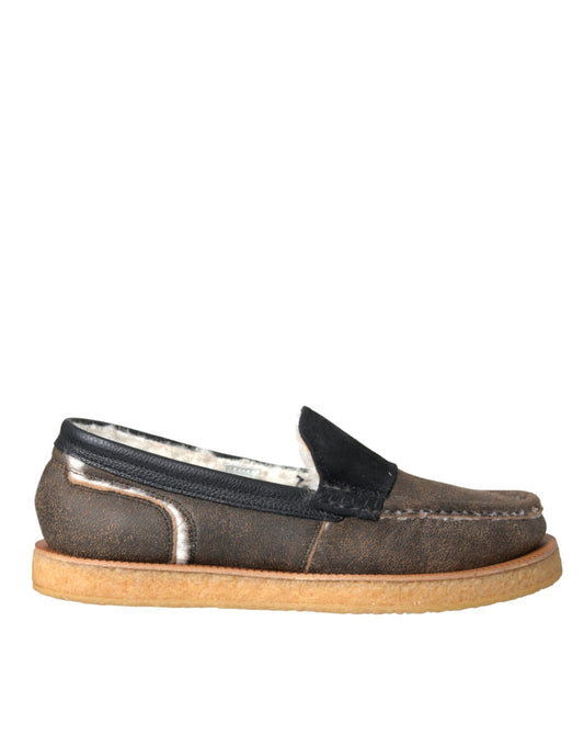 Mocassins en cuir et fourrure marron et noir Dolce &amp; Gabbana pour hommes