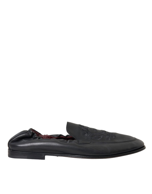 Mocassins en cuir noir brodés avec logo Dolce &amp; Gabbana pour homme