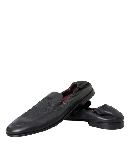 Mocassins en cuir noir brodés avec logo Dolce &amp; Gabbana pour homme