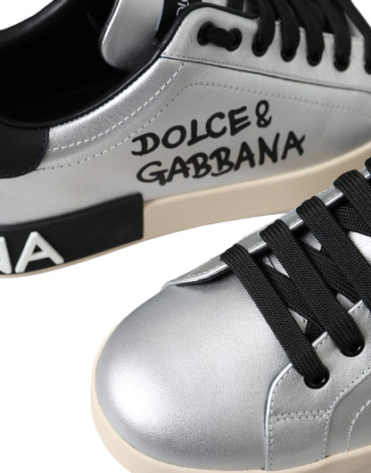 Dolce & Gabbana Silver Portofino Calf Leather Sneakers Men Shoes by Dolce & Gabbana