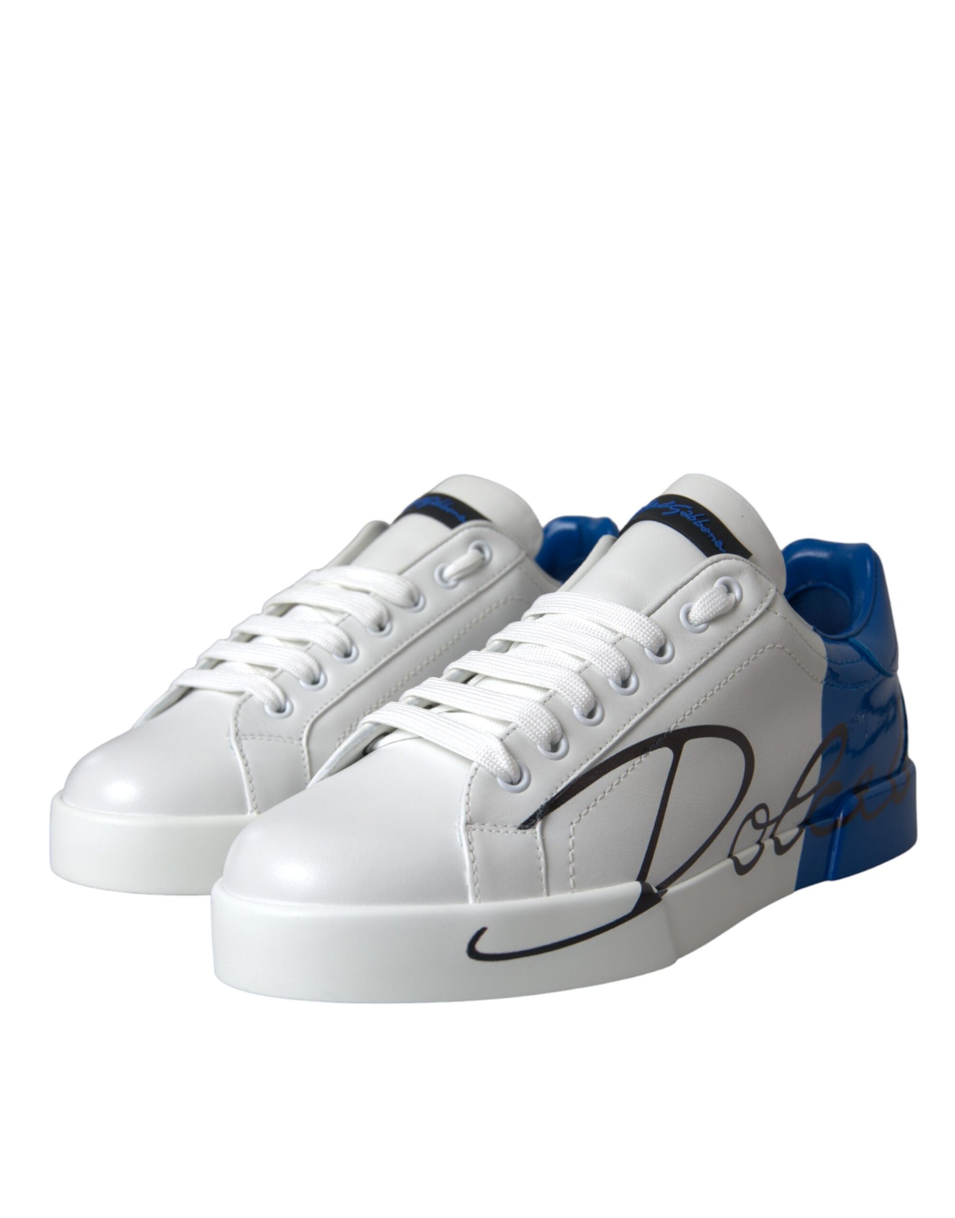 Dolce & Gabbana White Blue Leather Logo Low Top Sneakers Shoes by Dolce & Gabbana