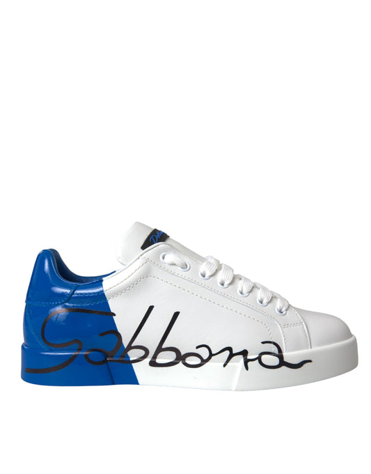 Dolce & Gabbana White Blue Leather Logo Low Top Sneakers Shoes by Dolce & Gabbana