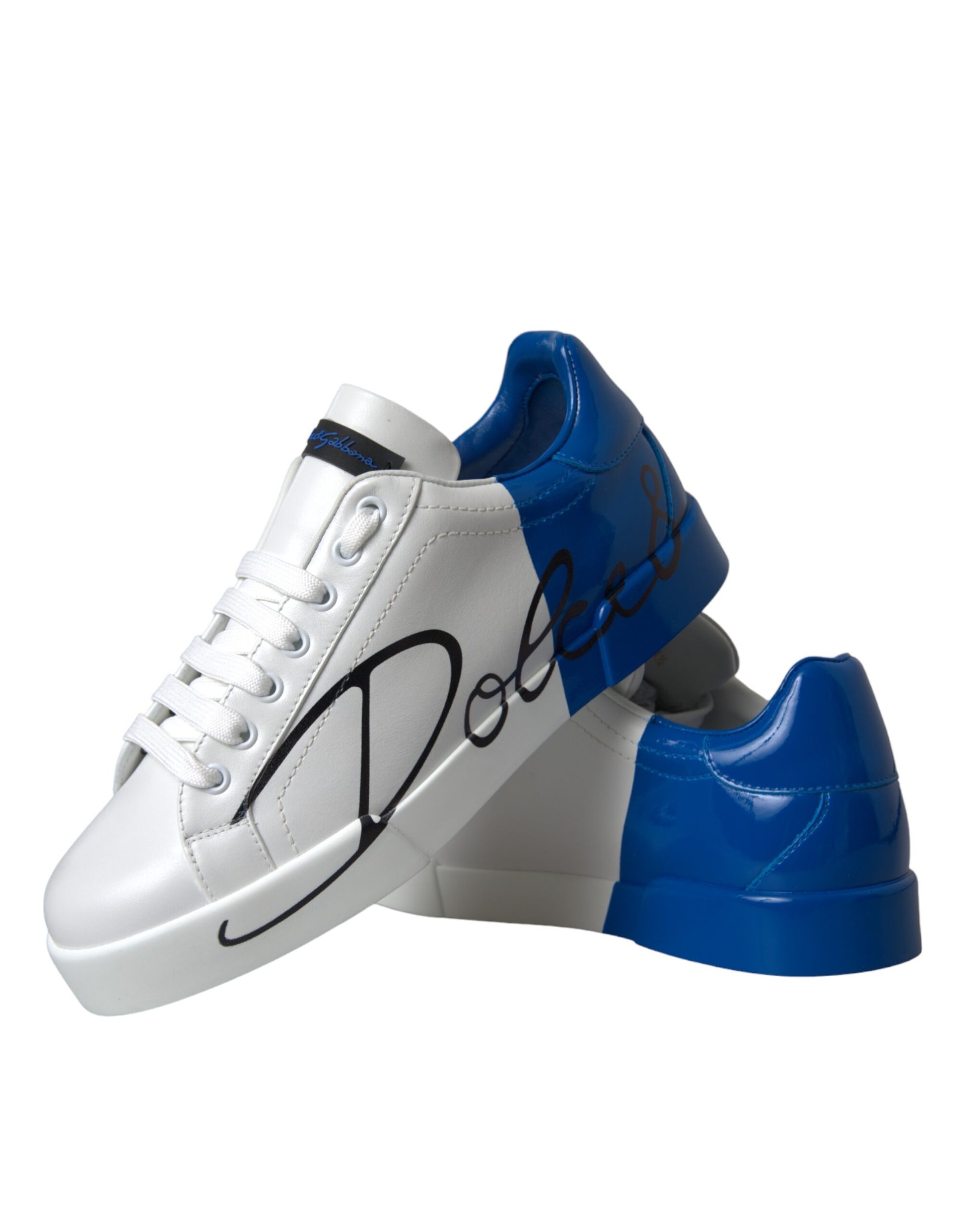 Dolce & Gabbana White Blue Leather Logo Low Top Sneakers Shoes by Dolce & Gabbana