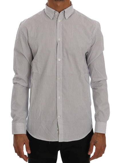Frankie Morello White Blue Striped Casual Cotton Regular Fit Shirt by Frankie Morello