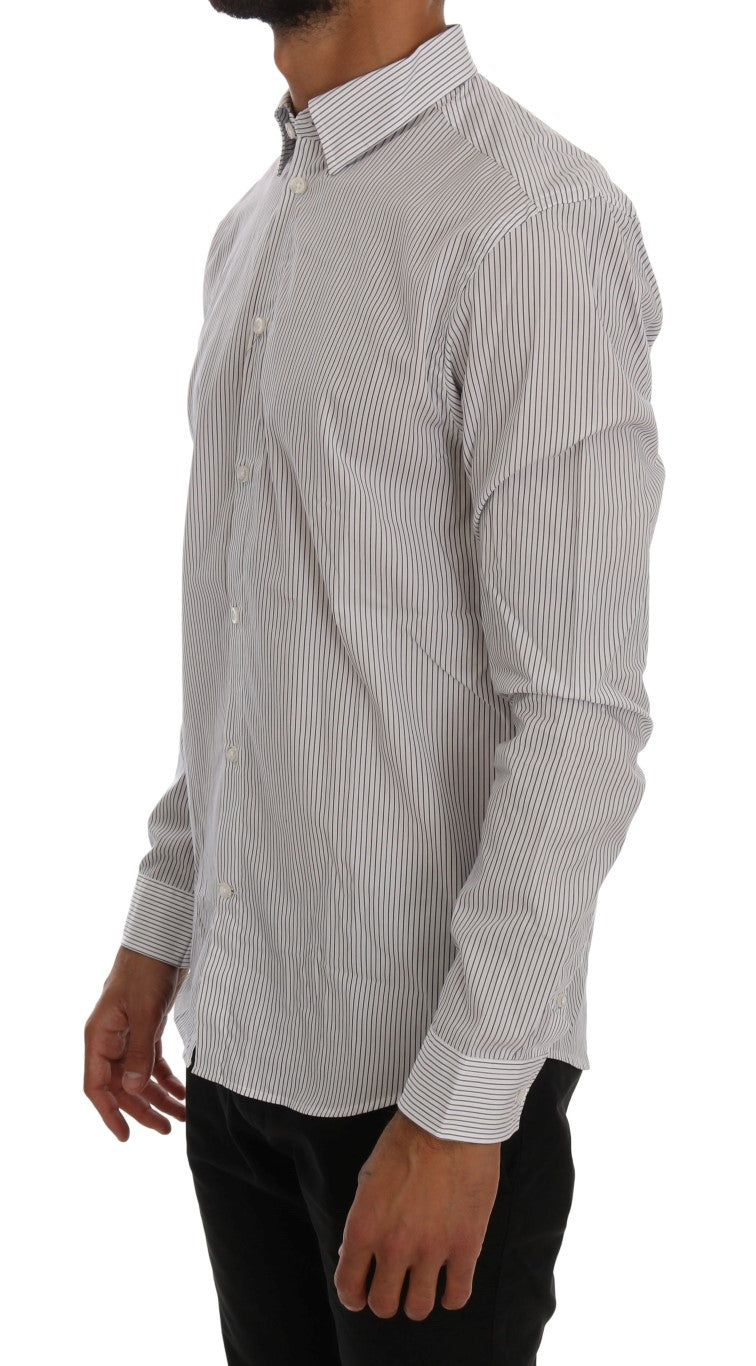 Frankie Morello White Blue Striped Casual Cotton Regular Fit Shirt by Frankie Morello