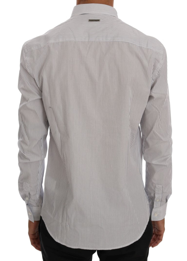 Frankie Morello White Blue Striped Casual Cotton Regular Fit Shirt by Frankie Morello