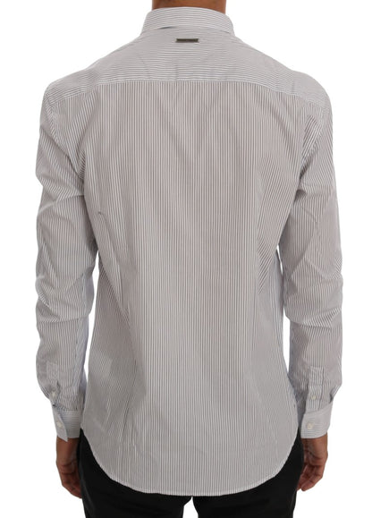 Frankie Morello White Blue Striped Casual Cotton Regular Fit Shirt by Frankie Morello