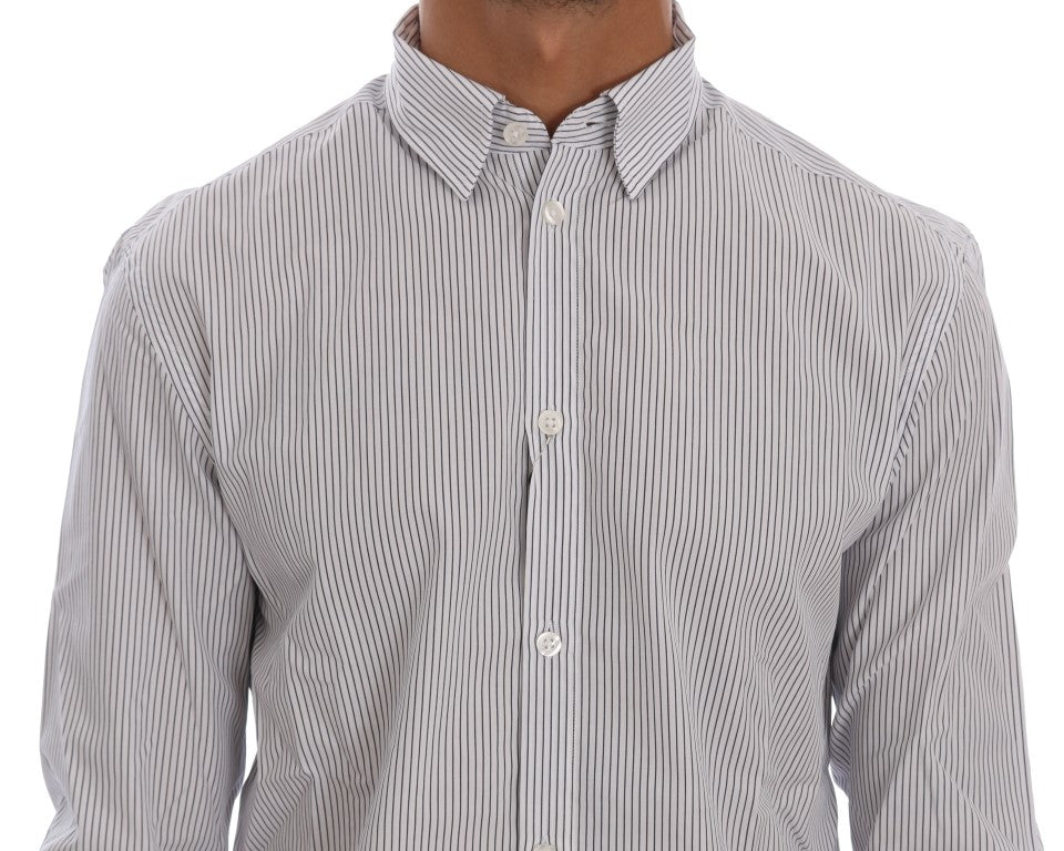 Frankie Morello White Blue Striped Casual Cotton Regular Fit Shirt by Frankie Morello