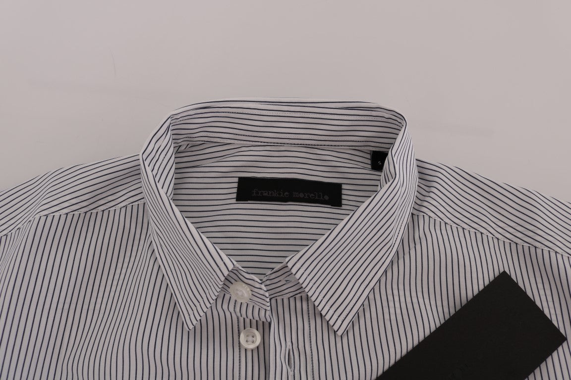 Frankie Morello White Blue Striped Casual Cotton Regular Fit Shirt by Frankie Morello