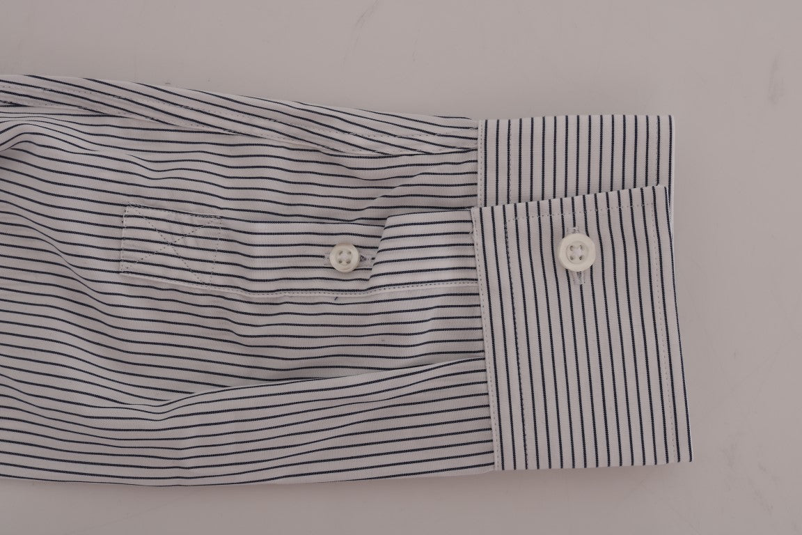Frankie Morello White Blue Striped Casual Cotton Regular Fit Shirt by Frankie Morello