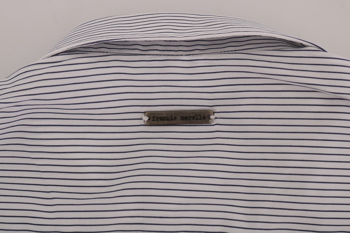 Frankie Morello White Blue Striped Casual Cotton Regular Fit Shirt by Frankie Morello