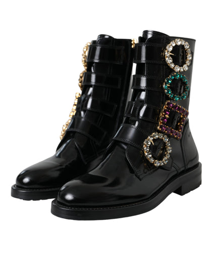 Dolce &amp; Gabbana Bottines en cuir noir à boucles en cristal