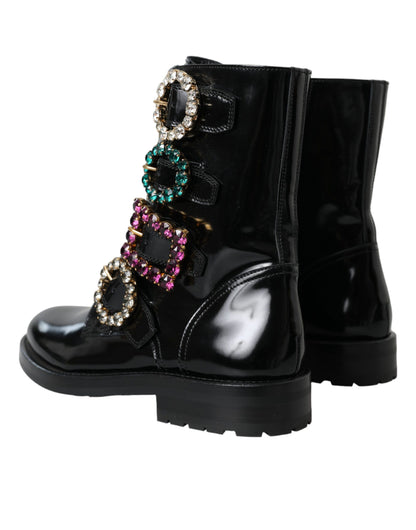 Dolce &amp; Gabbana Bottines en cuir noir à boucles en cristal