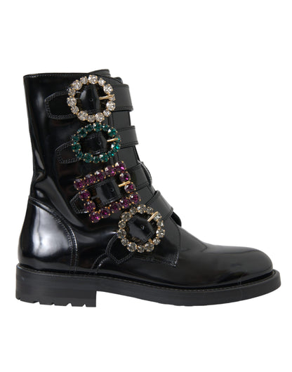 Dolce &amp; Gabbana Bottines en cuir noir à boucles en cristal